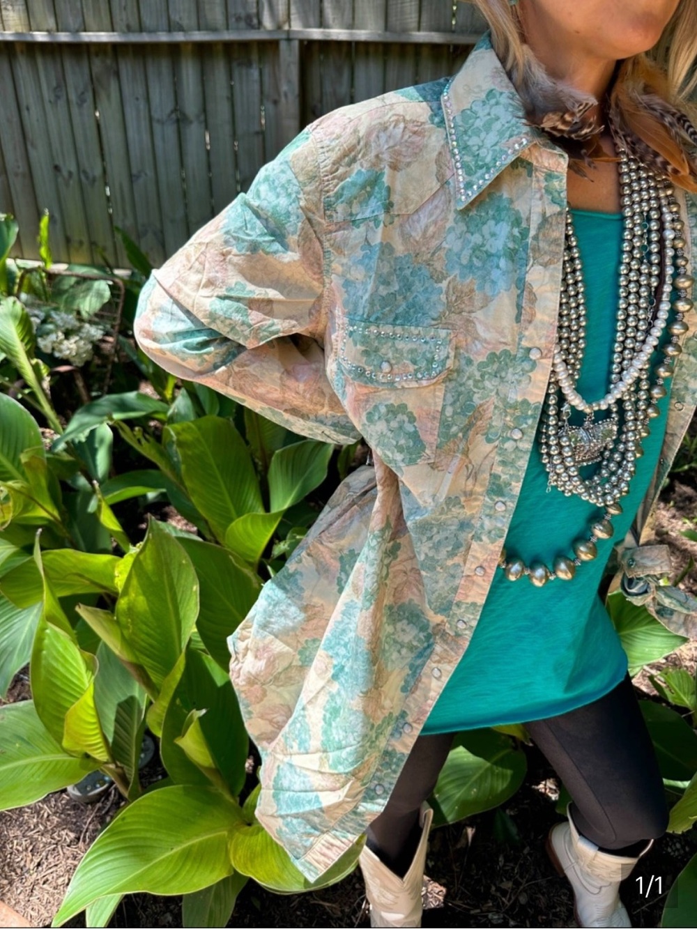 A Rare Bird Pearl Snap Teal Hydrangea Button Down Shirt